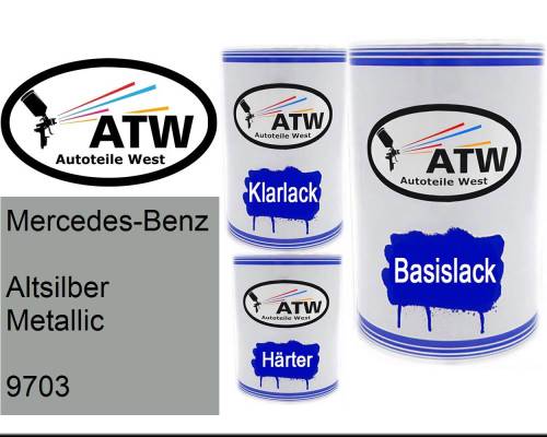 Mercedes-Benz, Altsilber Metallic, 9703: 500ml Lackdose + 500ml Klarlack + 250ml Härter - Set, von ATW Autoteile West.